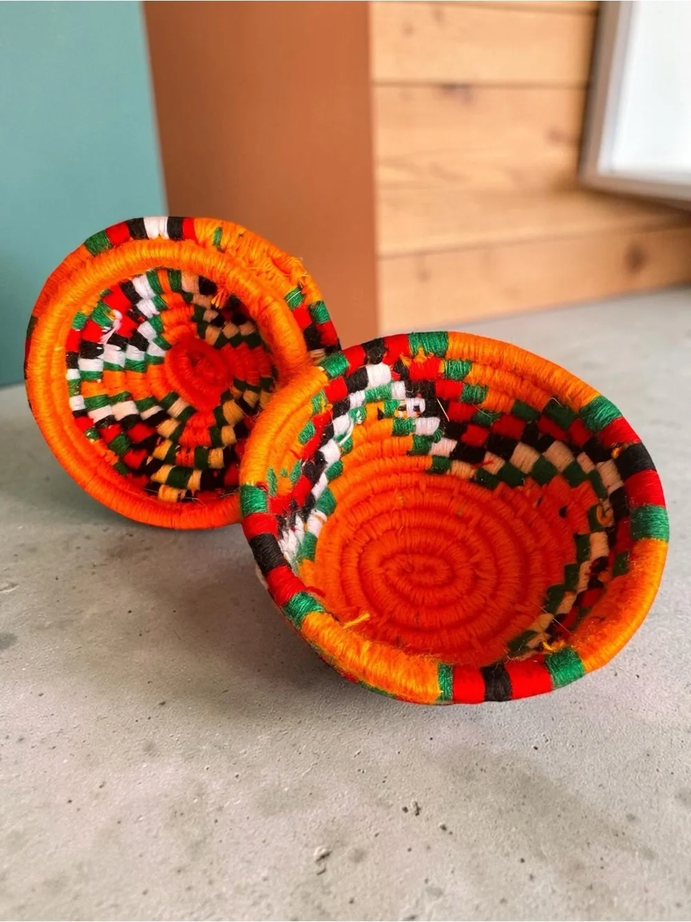 Berber Handwoven Wool Yarn Orange Basket with Lid.